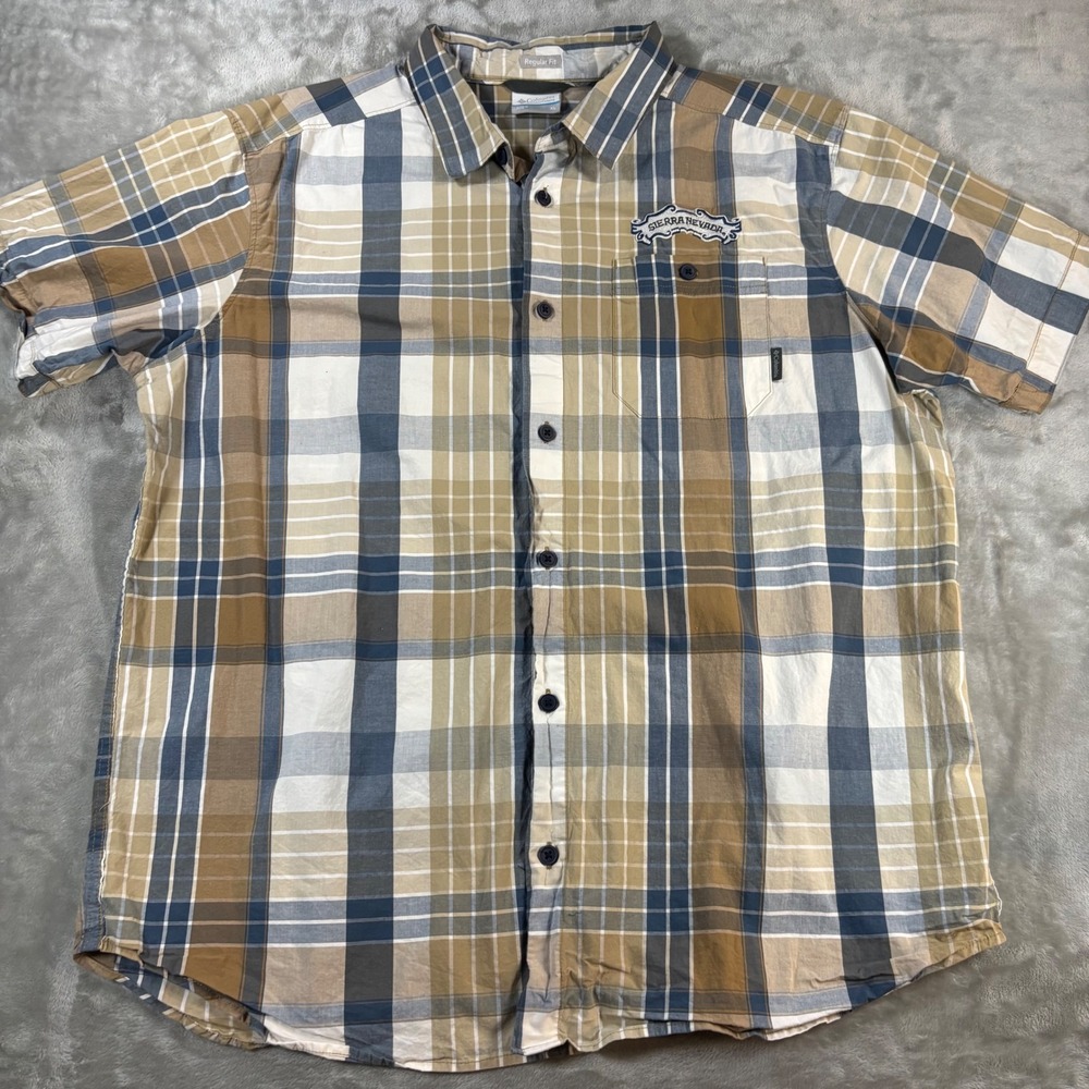 Columbia Sierra Nevada Plaid Button Down Shirt Mens XL Tan Blue Short Sleeve